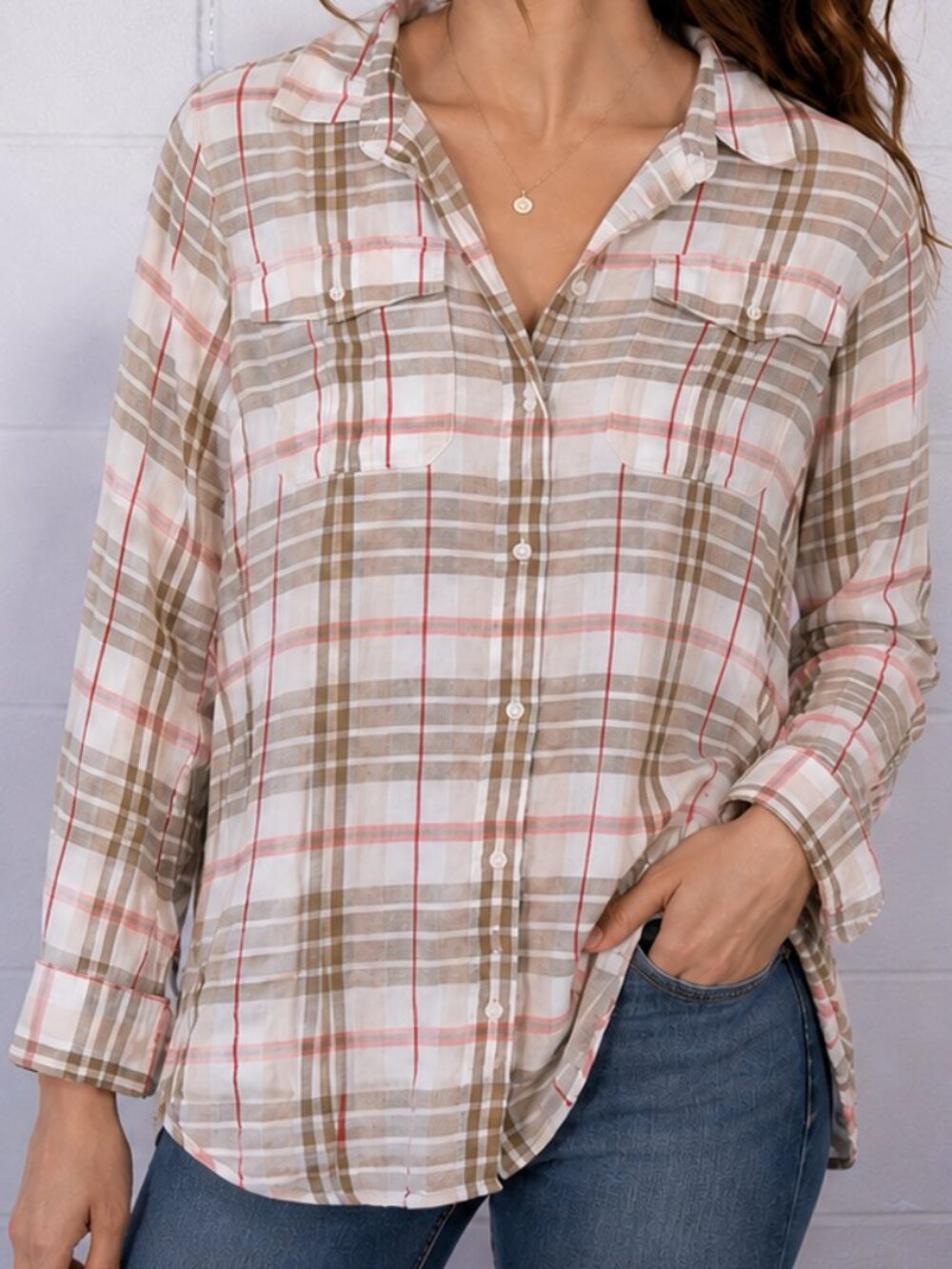 Ralph Lauren Plaid Button Down Shirt Women's Large Pink Beige Casual Top